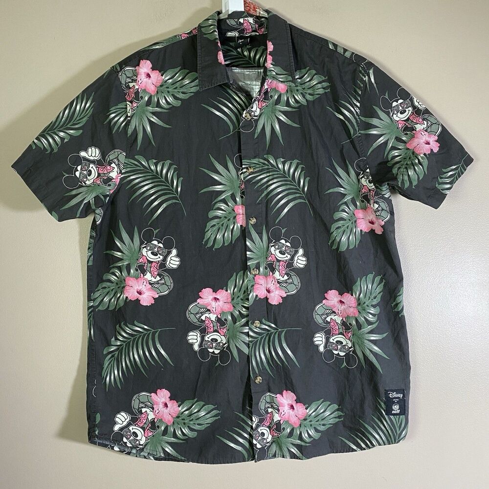 NEFF DISNEY Shirt  Mens Large Mickey Mouse Blue Floral Hawaiian Button Up Cotton